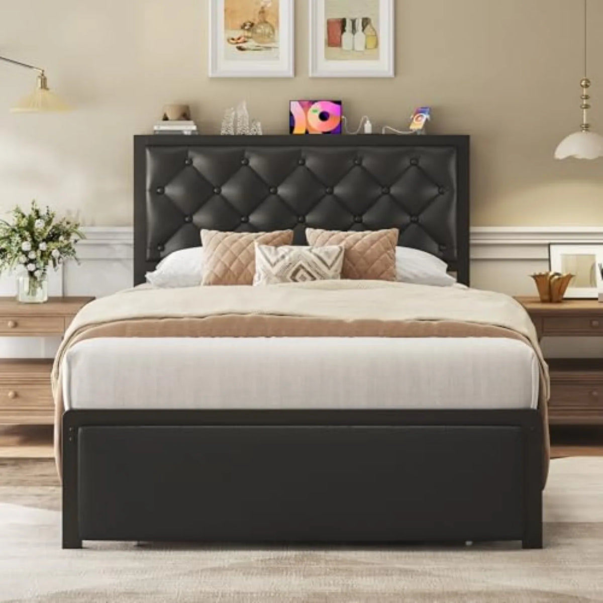 Twin Upholstered Button Tufted Bed Frame with Storage Drawer and Charging Station for Bedroom