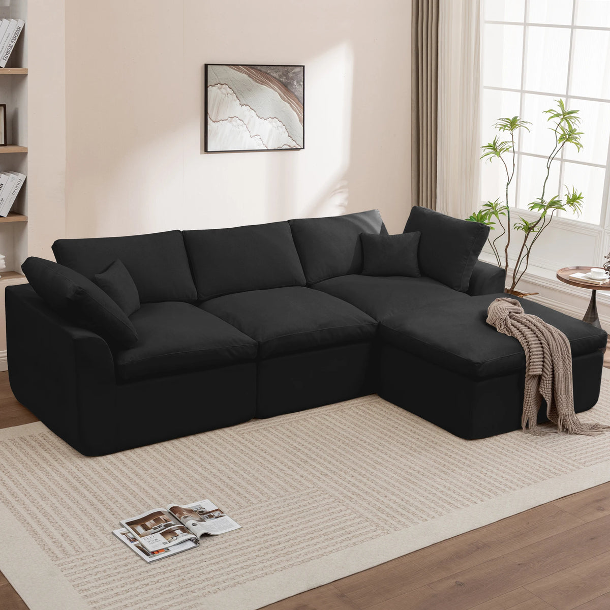 112 Inch Modular L-Shape Cloud Couch, Boneless Chenille Sectional Sofa with Spacious Deep Seats & Ottoman, Ready-to-Use Living Room Furniture