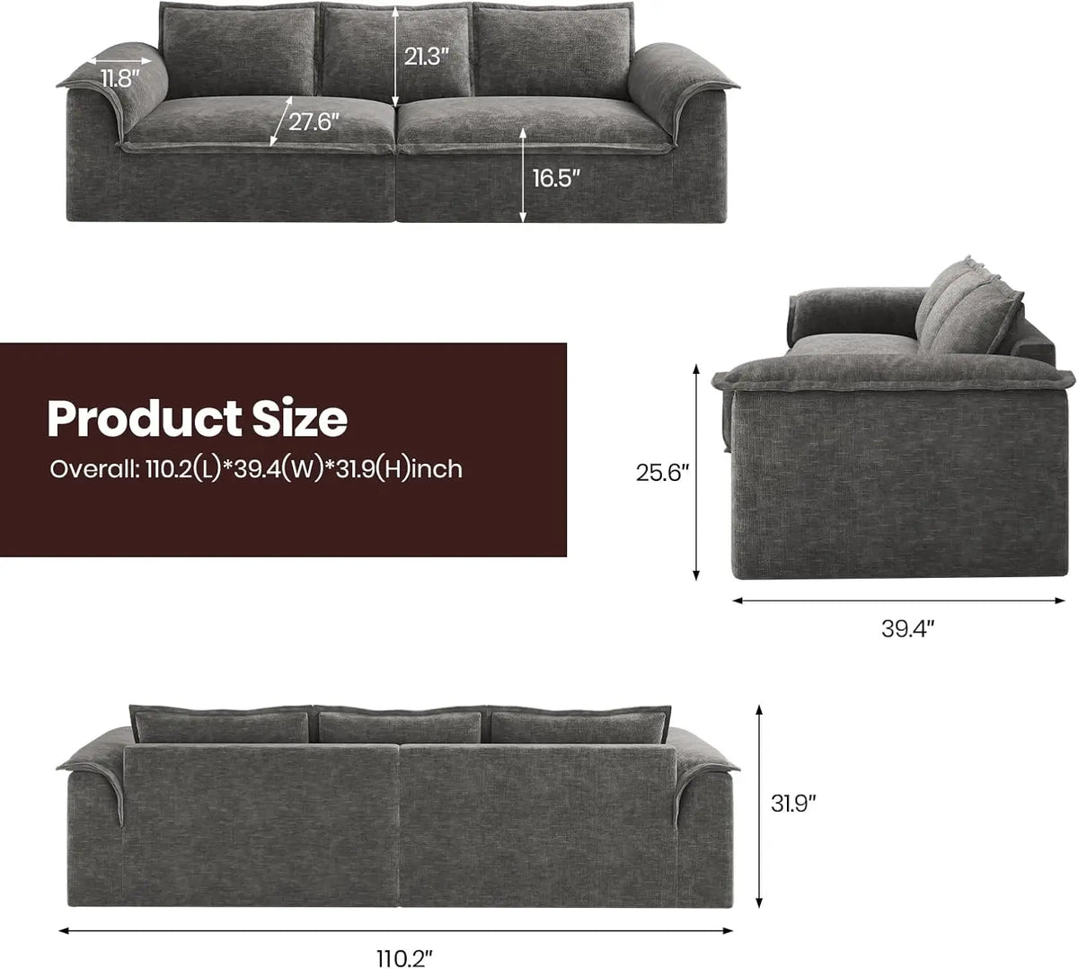 110" Oversized Boneless Sofa Extra Deep Seat, Corduroy Upholstered Floor Couch for Apartment, Living Room, No Assembly Required