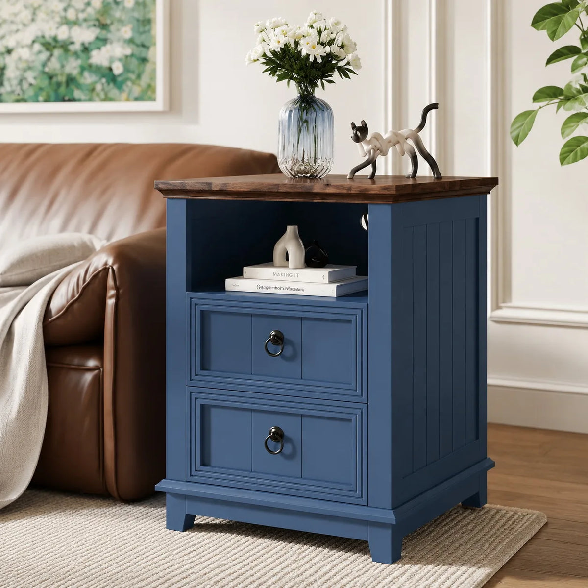 18 Inch Wood Nightstand with USB Charging Station Modern Fluted Bedside Table 2 Drawer End Table with Storage Shelf for Bedroom, Living Room, Blue