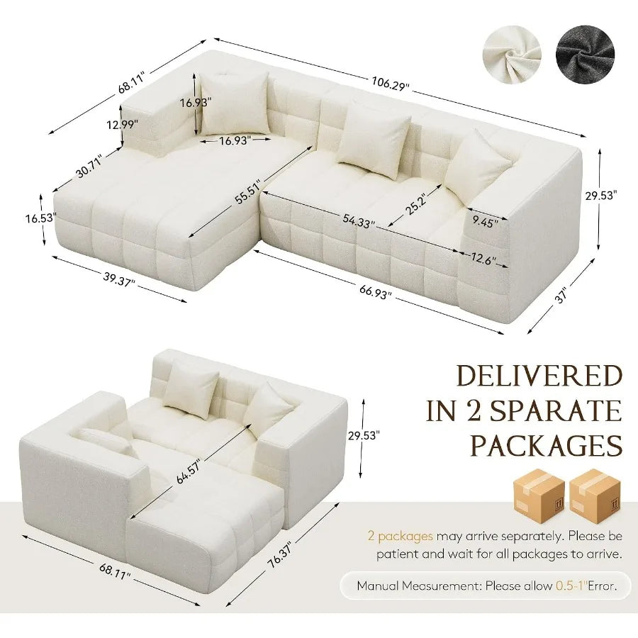 107" Cloud Sectional Couch with Chaise, Boneless Modular Sofa, Beige