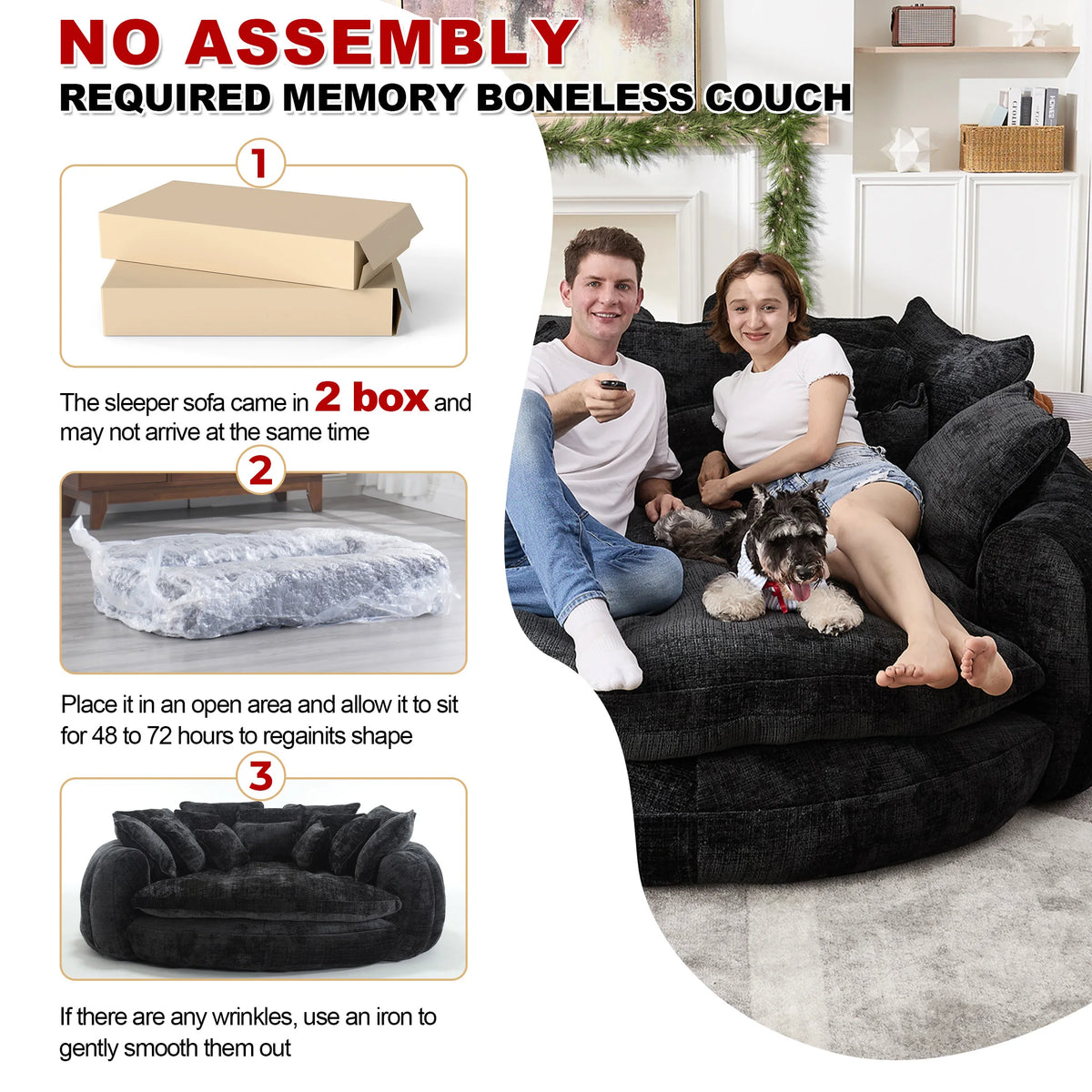 81.1" Oversized Round Chaise Lounge Sofa Bed, Chenille Fabric Circle Cloud Couch with 14 Pillows and Backrest, No Assembly Required Modern Sofa for Living Room, Black