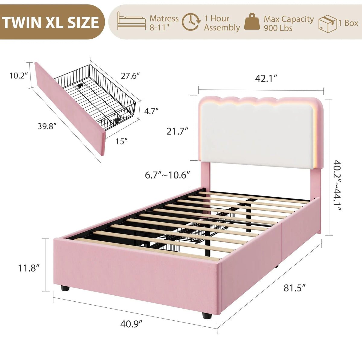 GarveeLife Modern Princess Upholstered Platform Bed Frame with LED Lights – 2 Storage Drawers, Double Wave Velvet Headboard, Sturdy Metal & Wood Support, No Box Spring Needed, Easy Assembly – Ideal for Kids, Teens, Girls