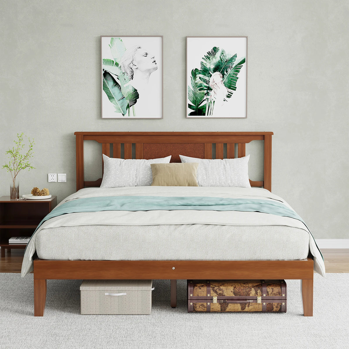 Wood Bed Frame Platform Bed with Headboard Sturdy Solid Wood Slat Support Up to 800 lbs No Box Spring Needed Easy Assembly Noise Free Suitable for Bedroom Furniture