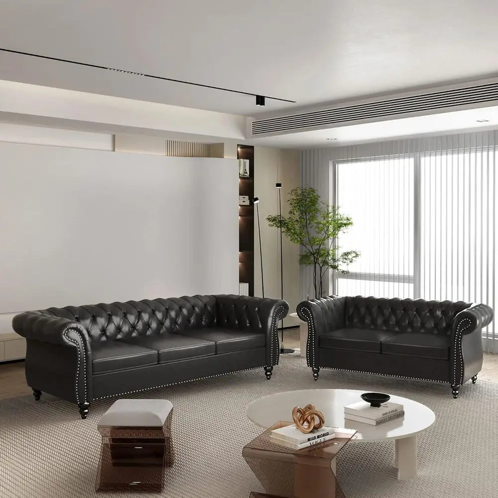 84" Chesterfield Sofa 3-Seater, Classic Roll Arm PU Leather Couch with Button Tufted Back, Stain Resistant