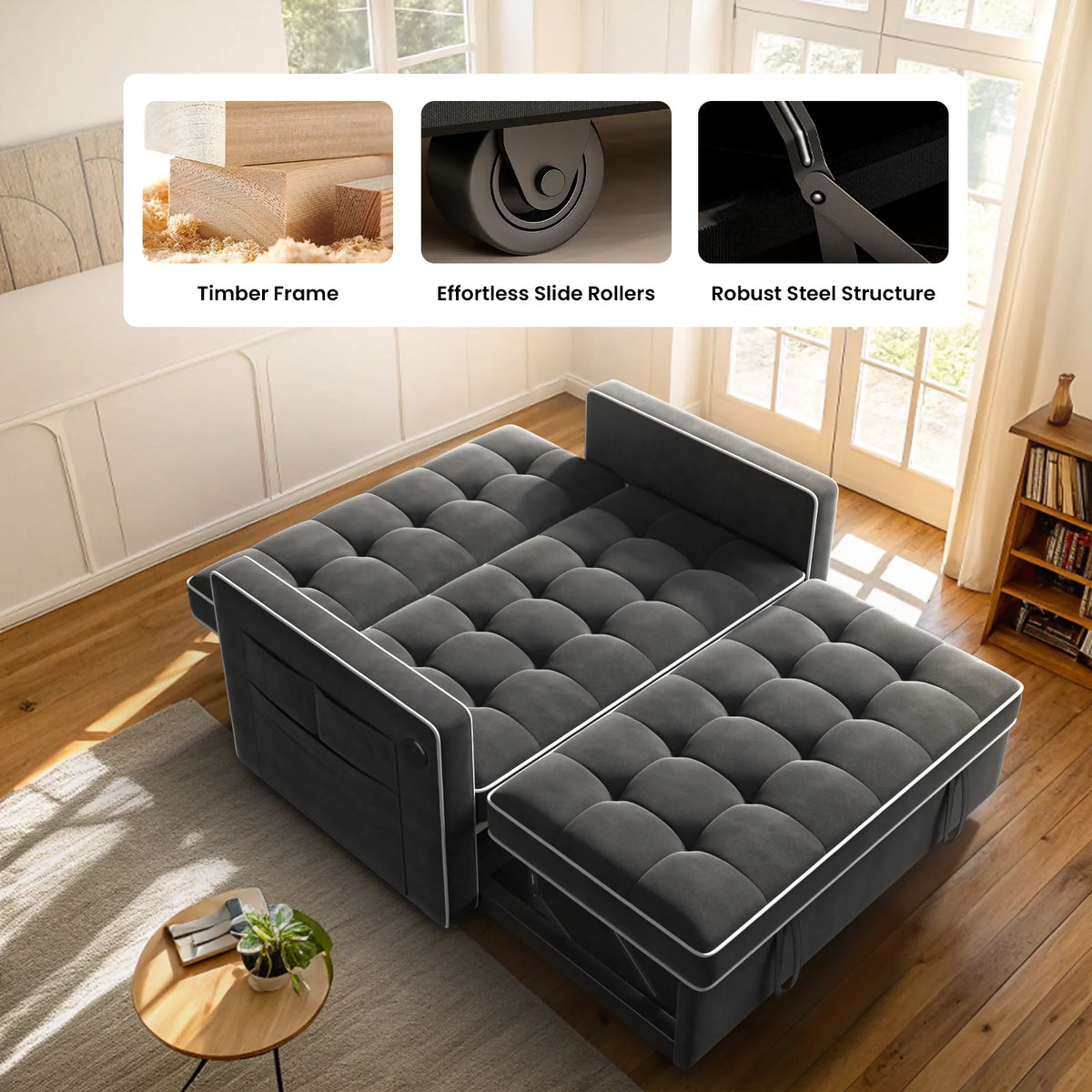 3 in 1 Sleeper Sofa Bed, Pull Out Couch with USB & Type-C Ports, Deep Seat Convertible Loveseat Sofa, Adjustable Backrest, Dual Side Pockets, Velvet Futon Couch for Living Room, Apartment
