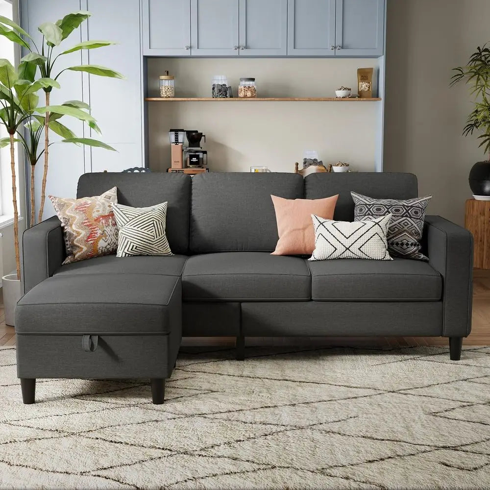 Sectional Sofa Couches for Living Room, Grey 3 Seat L-Shaped Couch with Storage Ottoman, Comfy Linen Convertible Sectionals Sofas