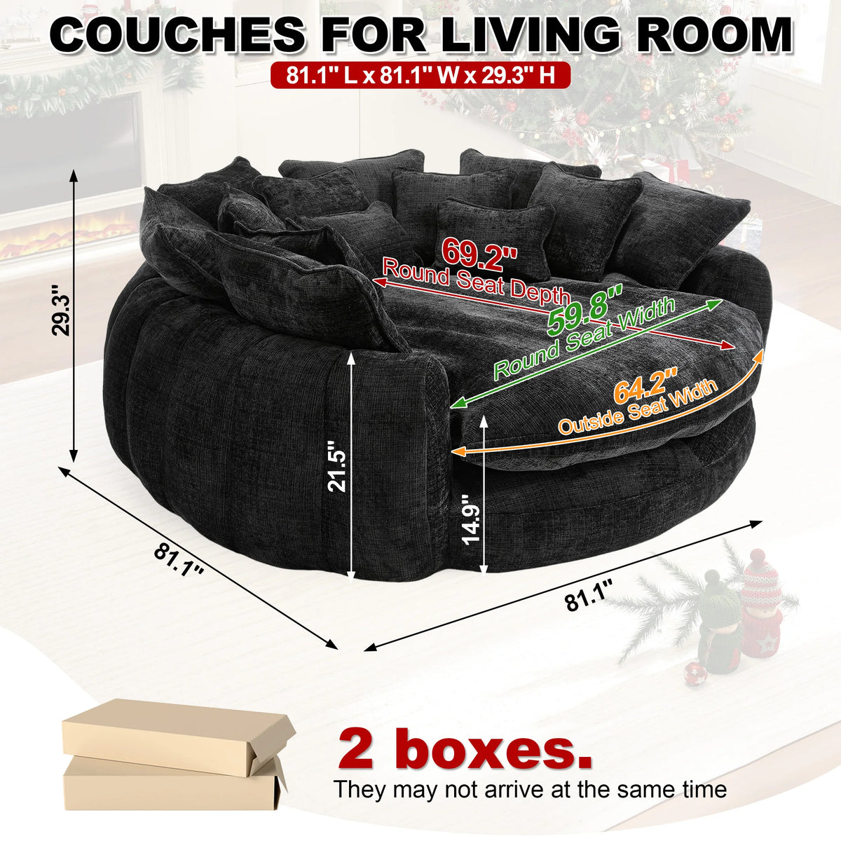 81.1" Oversized Round Chaise Lounge Sofa Bed, Chenille Fabric Circle Cloud Couch with 14 Pillows and Backrest, No Assembly Required Modern Sofa for Living Room, Black