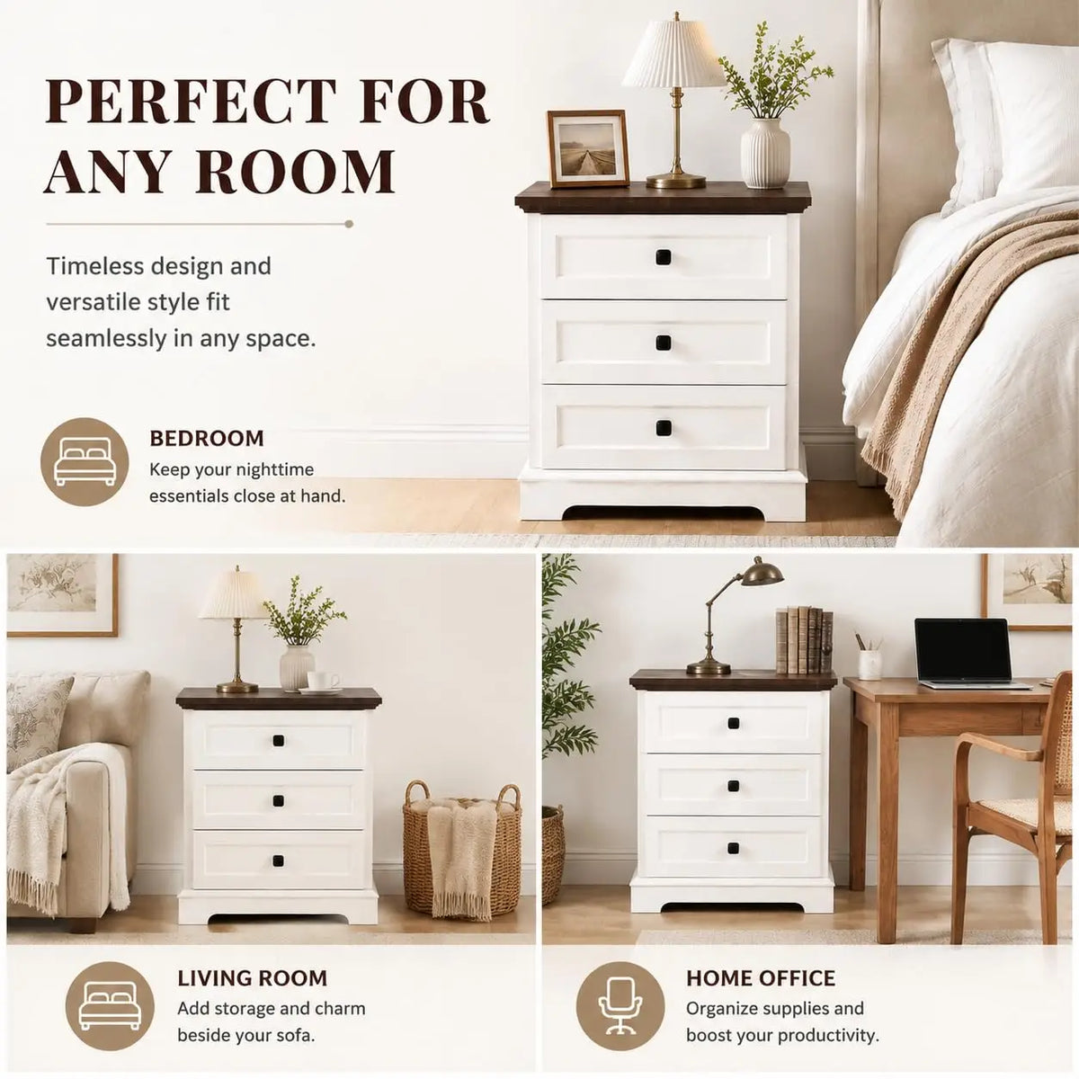 White Nightstand Farmhouse Night Stand with Charging Station,20'' Narrow Nightstand Side Table Wood End Table with 3 Drawers for Bedroom,Bedside Table with Power Outlet, USB, Type-C Ports