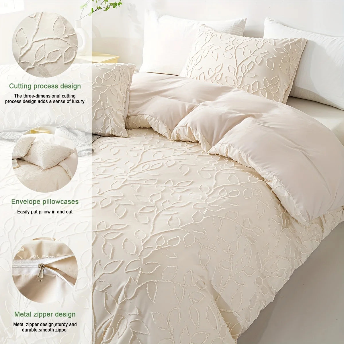Off-White Leaf Tufted Duvet Cover 3-Piece Set, Soft Cream Bedding Set, Bohemian Style Embossed Floral Bedspread and Pillowcases, Available for Large/King/Single Beds