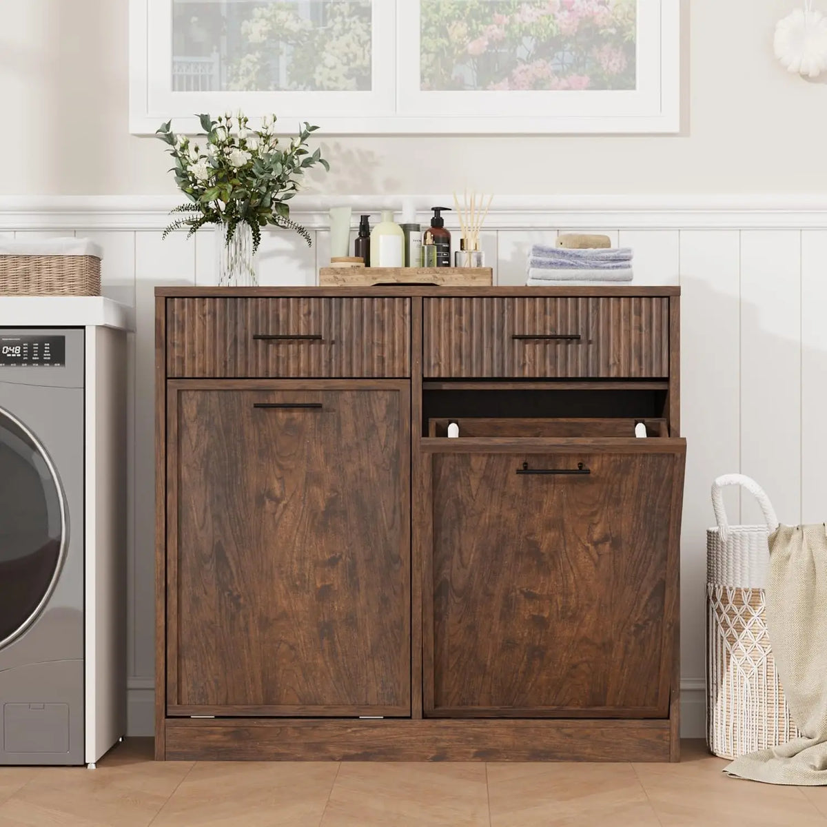 Tilt Out Laundry Hamper Cabinet With Drawer And Baskets Wooden Laundry Basket For Bathroom Laundry Room Bedroom