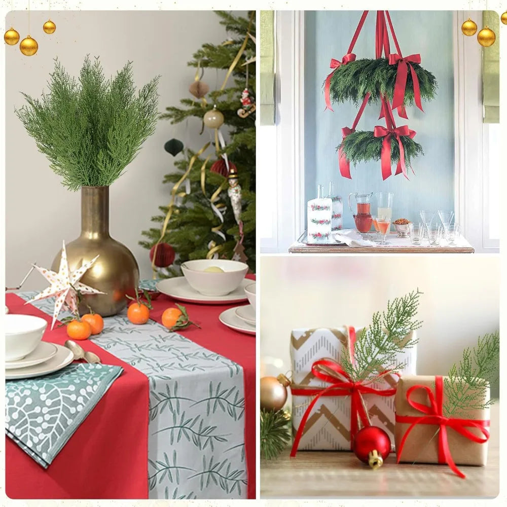 60Pcs Artificial Pine Needles Branches Faux Cedar Stems Fake Greenery for Christmas Tree Wreath Garland Making DIY Crafts Holiday Winter Decor Home Wedding Centerpiece Farmhouse Indoor Outdoor