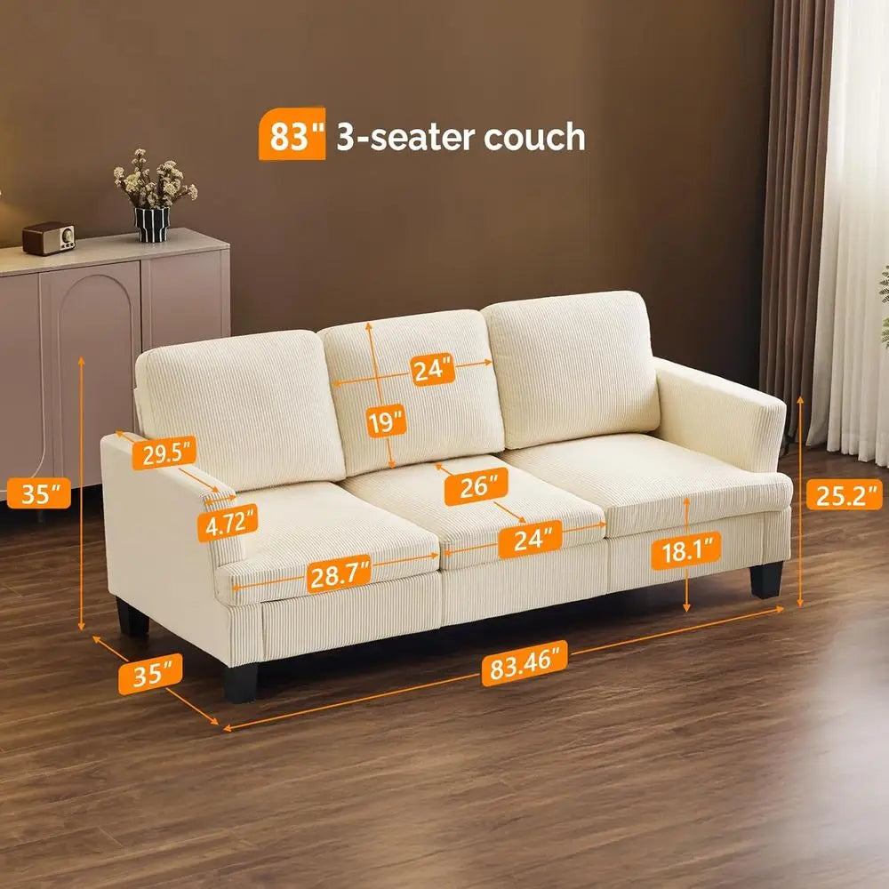 Beige 83" Sofa Couches or Living Room, Corduroy ern Comfy 3 Seater Couch 25.6" Deep Seat Upholstery Cozy Sofas or Small Space