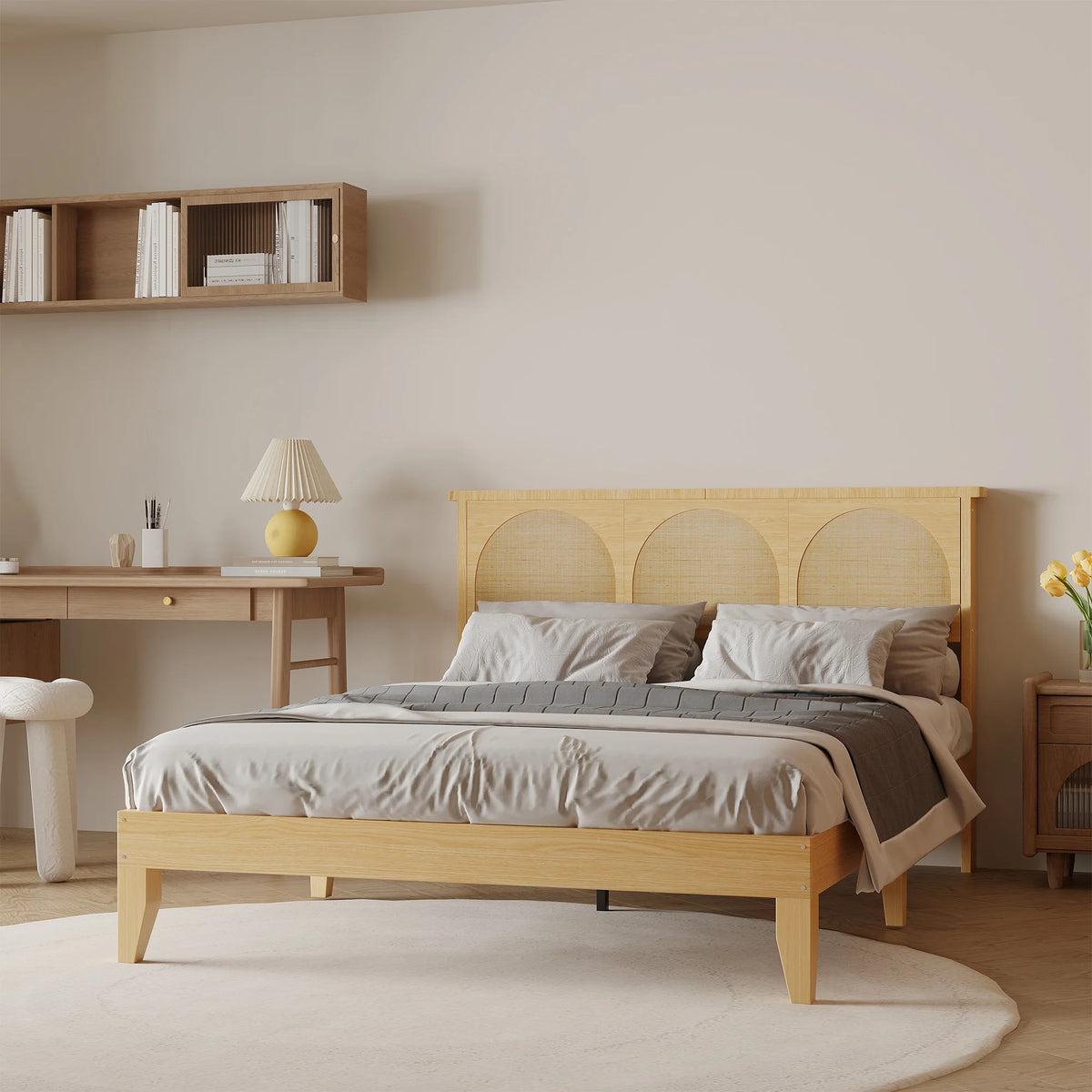 Modern Queen Platform Bed Frame with Natural Rattan Headboard, LED Lighting, 8" Storage, Sturdy Wooden Slats, Noise-Free Design, Easy Assembly, No Box Refresh Required