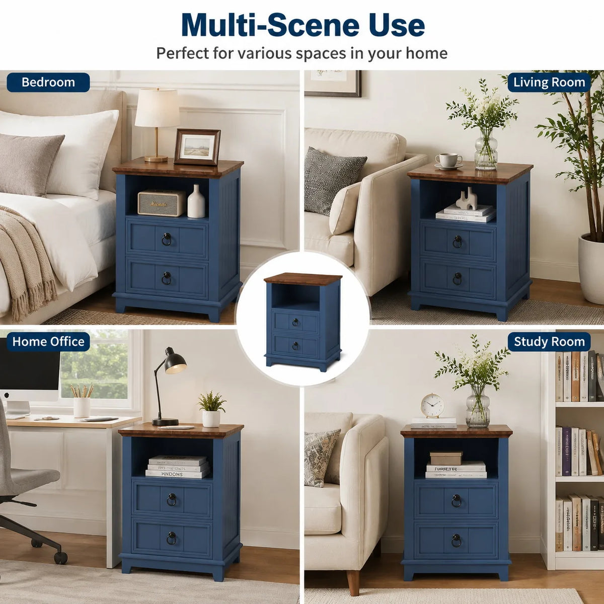18 Inch Wood Nightstand with USB Charging Station Modern Fluted Bedside Table 2 Drawer End Table with Storage Shelf for Bedroom, Living Room, Blue