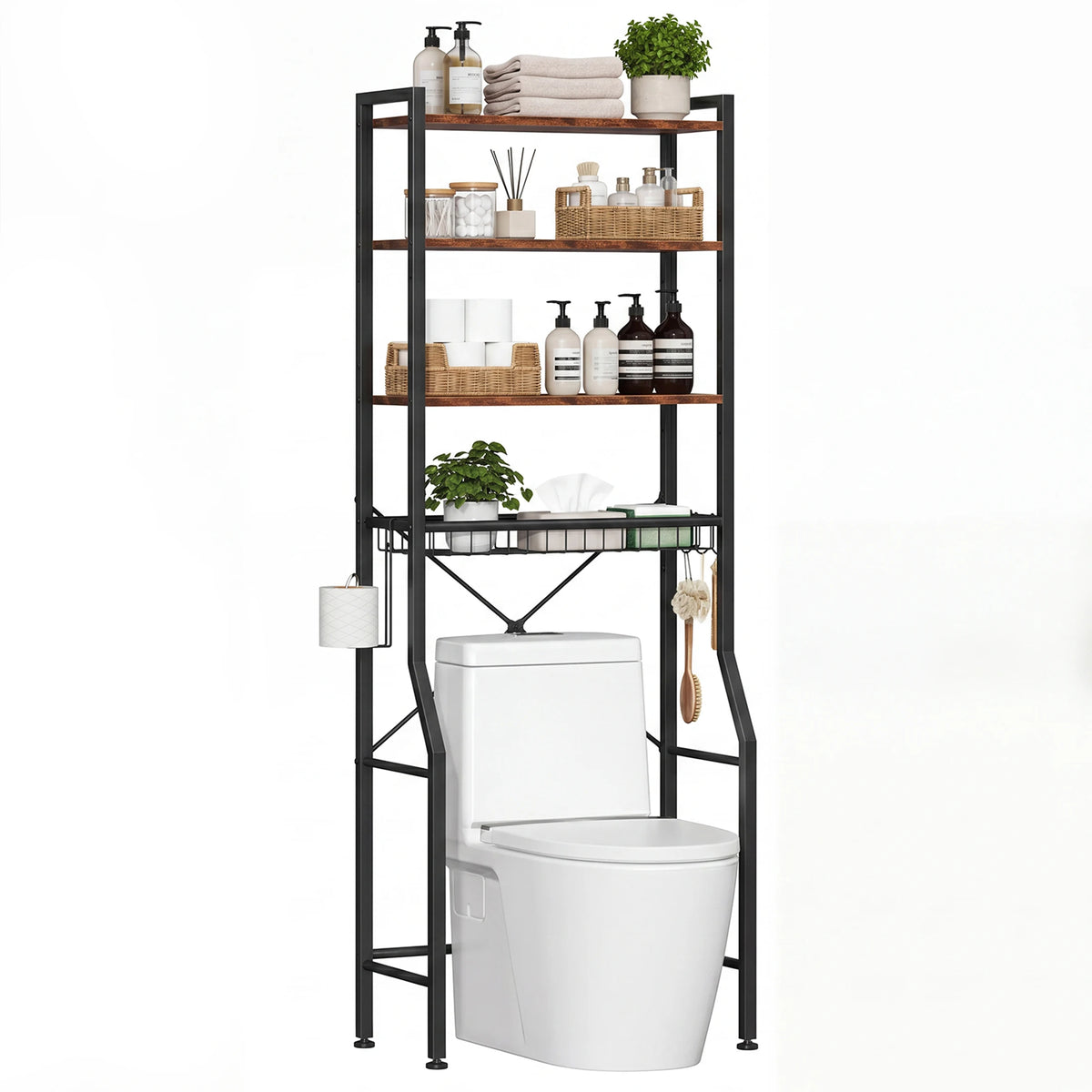 4-Tier Freestanding Bathroom Organizer Shelf Over Toilets with Adjustable Storage Rack Shelf and Basket Space Saver Above Toilet Storage Cabinet with 3 Hooks for Rooms