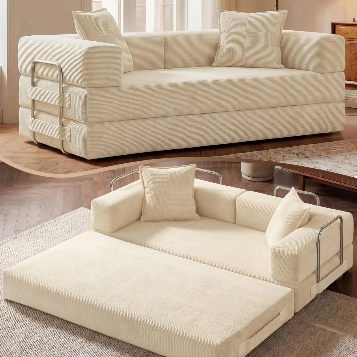 78 Inch 5‑in‑1 Convertible Boneless Futon Sofa Bed, Corduroy Multi‑Functional Sleeper Couch for Living Room Small Space