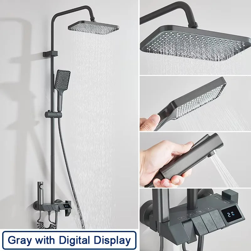 Black Smart Thermostatic Shower Faucet Set Bathroom Intelligent Rainfall Digital Mixer Tap With Rack and Bidet Bath System