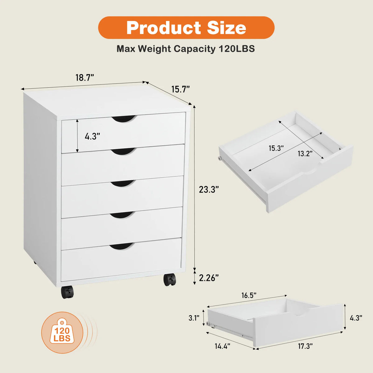 Wood Nightstand Cabinet 5 Drawers Waterproof Surface Storage Organizer File Office Easy To Move Bedside Table Rotating Wheel