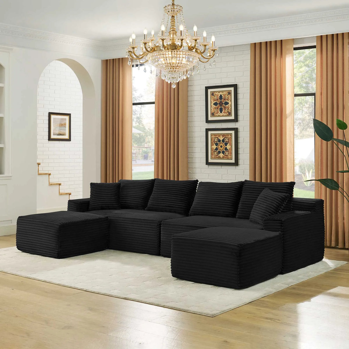 115" Comfy U-Shaped Sectional Couch, Modern Corduroy Sofa with Chaise and Ottoman, No-Tool Assembly Free Modular Cloud Sofa for Living Room Apartment, Green