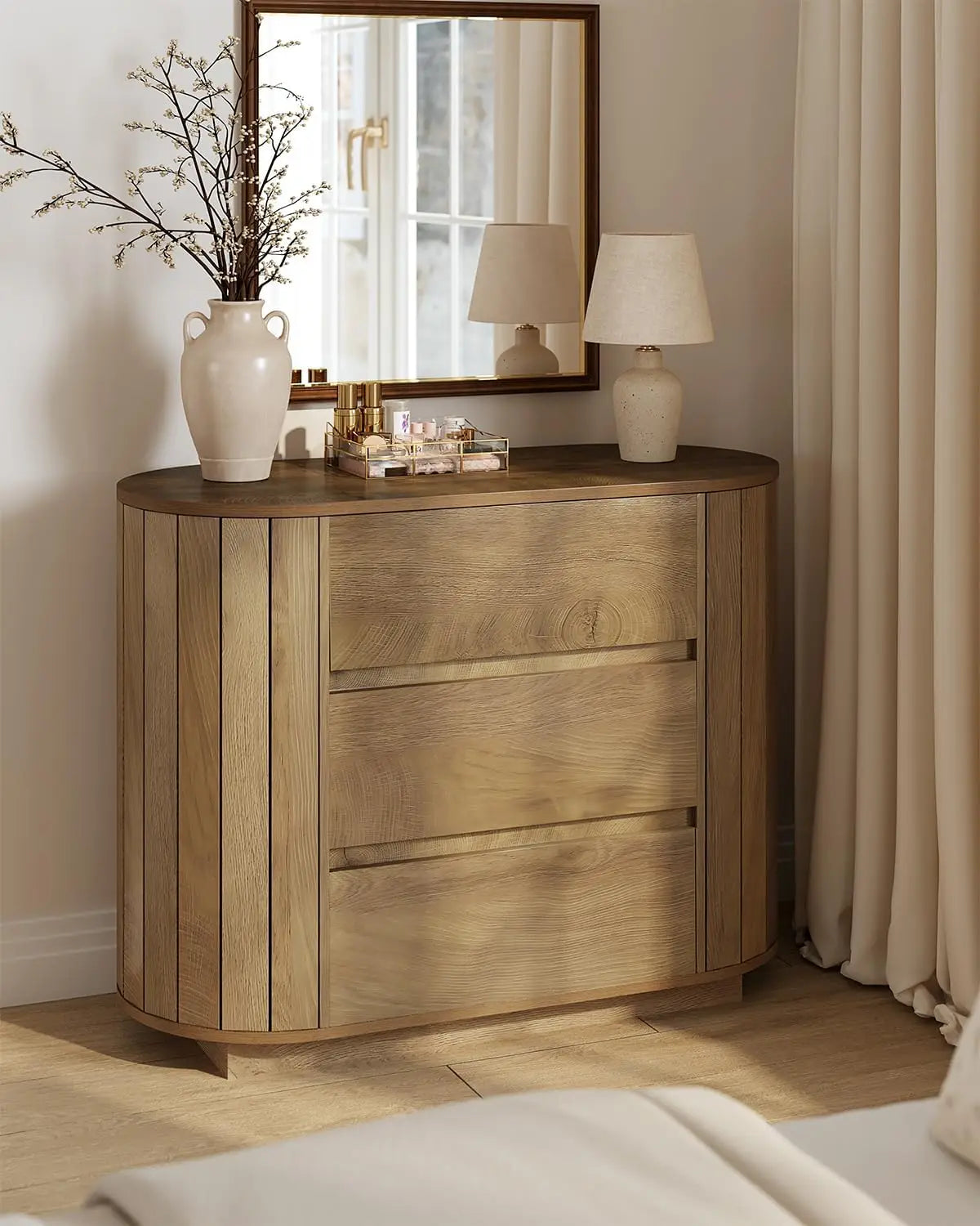 Oversized Oak Nightstand Set of 2, Large Wood Night Stands with Slatted Side Design, Modern Dresser with 3 Drawers for Bedroom and Entryway, 2 Pieces