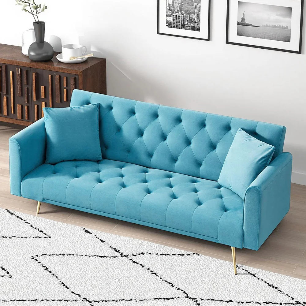 Velvet Convertible Futon Sofa Bed 71" 3-Seater Tufted Sleeper Couch with Gold Metal Legs 3 Position Adjustable Backrest Folding Reclining Sofa with 2 Throw Pillows for Living Room Apartment Small Spaces