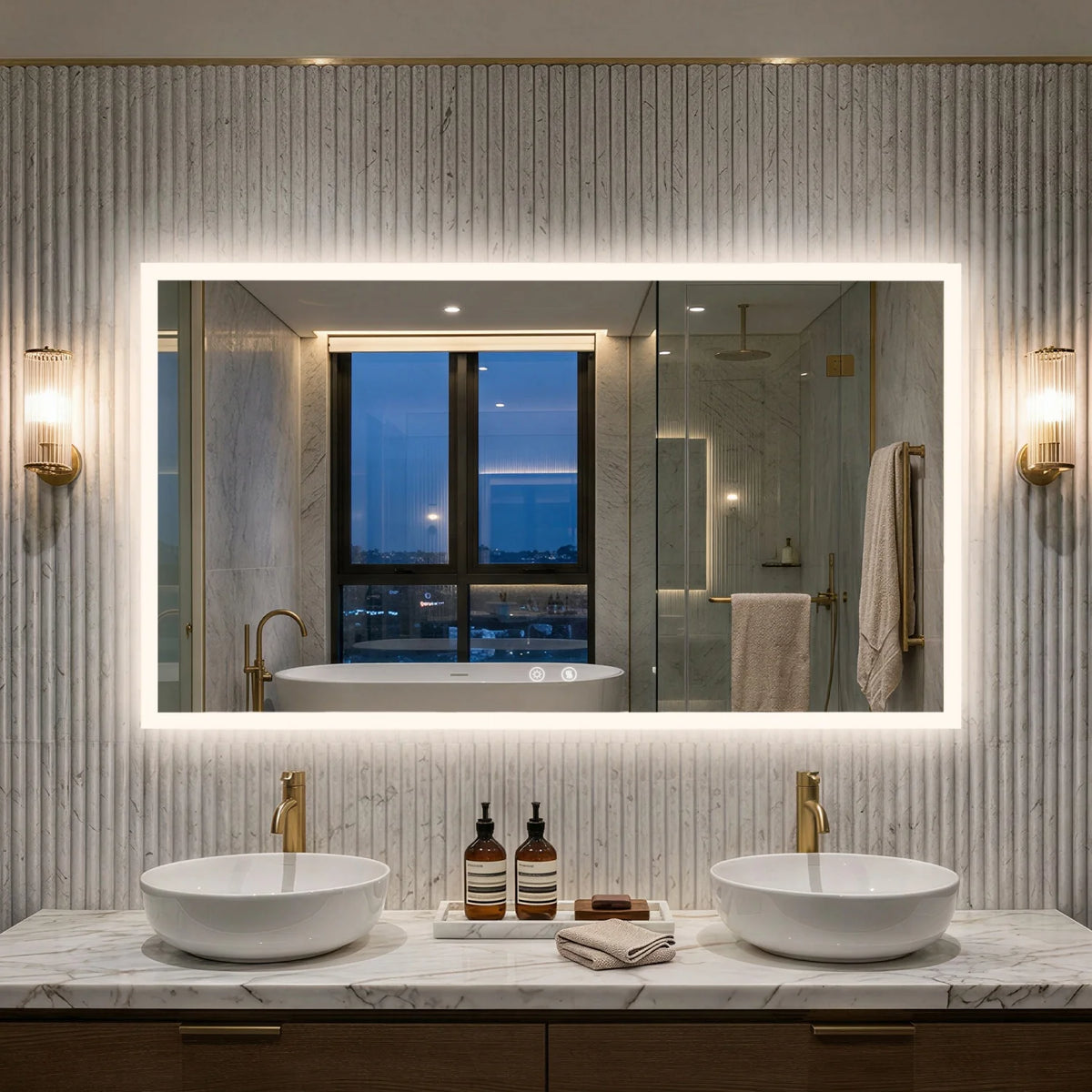 100/120CM Rectangular LED Bathroom Mirror Frameless Wall Vanity Mirror Smart Memory Function Touch Antifog 3 Colors Temperature