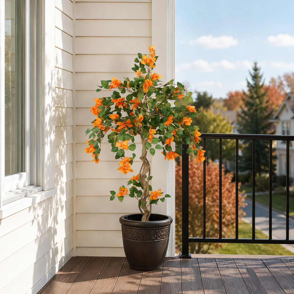 3/4/5FT Artificial Bougainvillea Tree, Orange Faux Bougainvillea Plant with Lush Green Leaves, Realistic Full Blooms Potted Fake Flower Tree for Home Living Room Patio Porch Office Decor