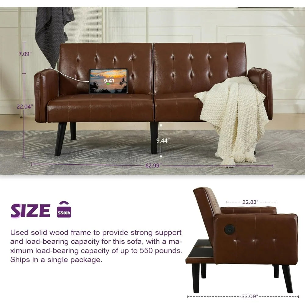 65" Brown Faux Leather Futon Sofa Bed Convertible Sleeper Loveseat 2 USB Ports Tufted Adjustable Folding Couch Space