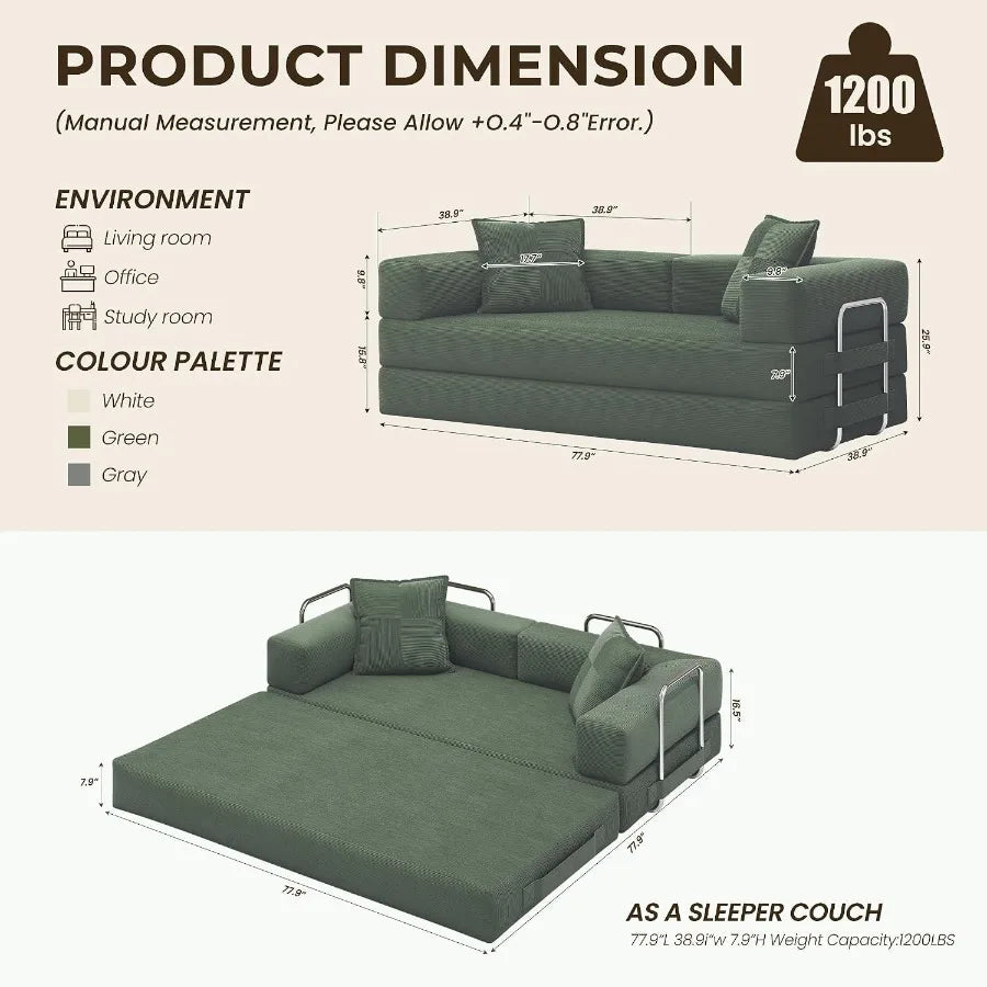 78 Inch 5‑in‑1 Convertible Boneless Futon Sofa Bed, Corduroy Multi‑Functional Sleeper Couch for Living Room Small Space