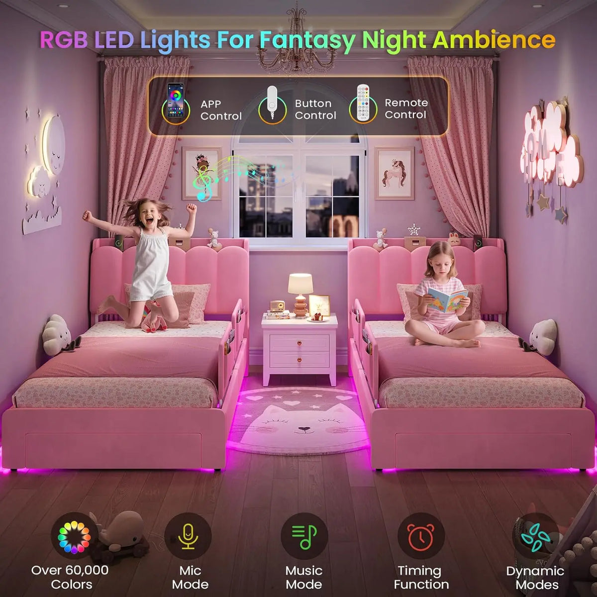 Twin Size Princess Bed Frame Storage Drawer Safety Guardrails Led Velvet Upholstered Platform Bed Girls Wavy Storage Headboard
