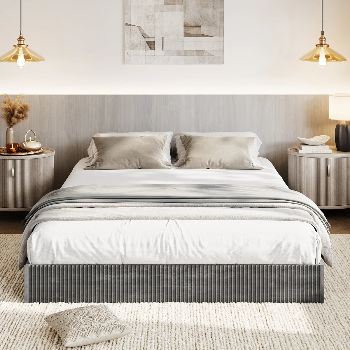 Minimalist Fluted Wood Platform Bed Frame – Low Profile, Noise-Free, Easy Assembly, No Box Spring Needed – Modern Bedroom Furniture – Walnut or Cream Finish – Full/Queen/King