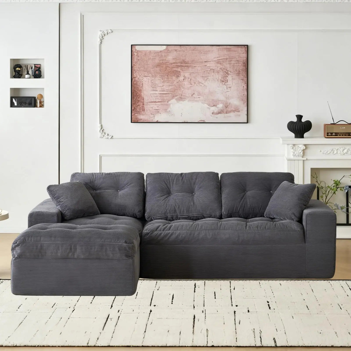 104" Modular Cloud Couch Sectional Sofa With Ottoman, Boneless L Shaped Corduroy Couch, Deep Seat, No Assembly