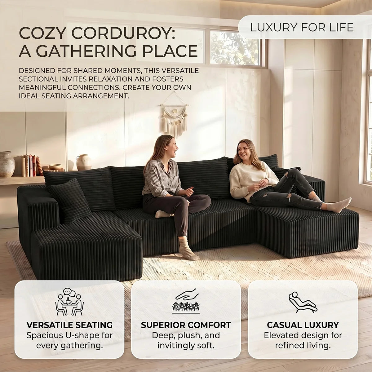 Black Striped Corduroy L Shape Sectional Sofa Double Reversible Chaise Modular Oversized Cloud Couch No Assembly Compressed Packaging Cozy Living Room Home Furniture