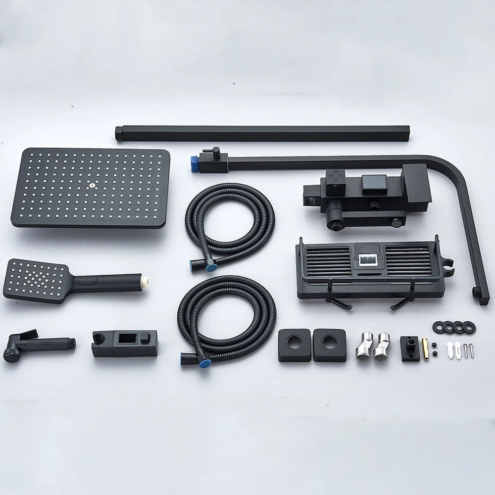Black Smart Thermostatic Shower Faucet Set Bathroom Intelligent Rainfall Digital Mixer Tap With Rack and Bidet Bath System