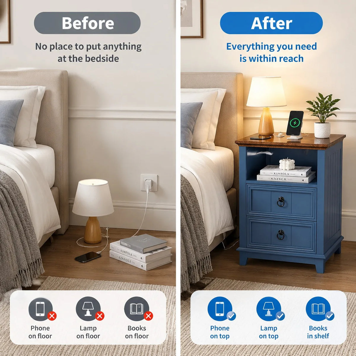 18 Inch Wood Nightstand with USB Charging Station Modern Fluted Bedside Table 2 Drawer End Table with Storage Shelf for Bedroom, Living Room, Blue