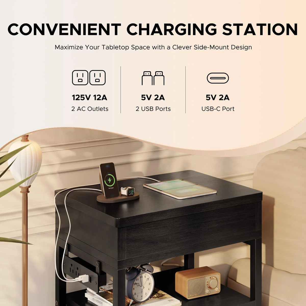 Nightstand, Lockable Hidden Compartment, Sliding Top Charging Station, 2 Fabric Drawers with USB & AC Outlets