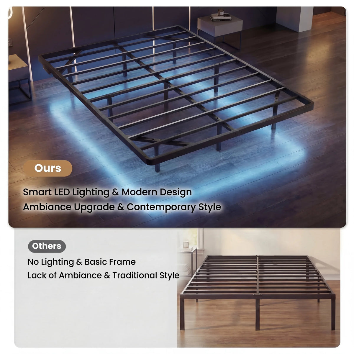 Twin/Full/Queen/King Size Heavy Duty Floating Bed Frame with Smart LED Lights and Charging Station, No Box Spring Needed