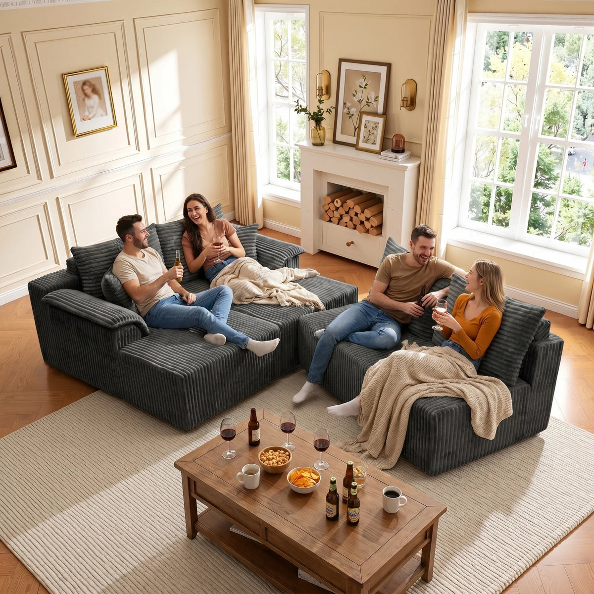Oversized Vertical Striped Corduroy Modular Sofa, Freely Combinable U-Shaped Corner Sectional with Chaise Lounge, Luxury Cloud Deep Seat Fabric Couch, No Assembly Lazy Sofa with Throw Pillows for Living Room & Apartment, Idea