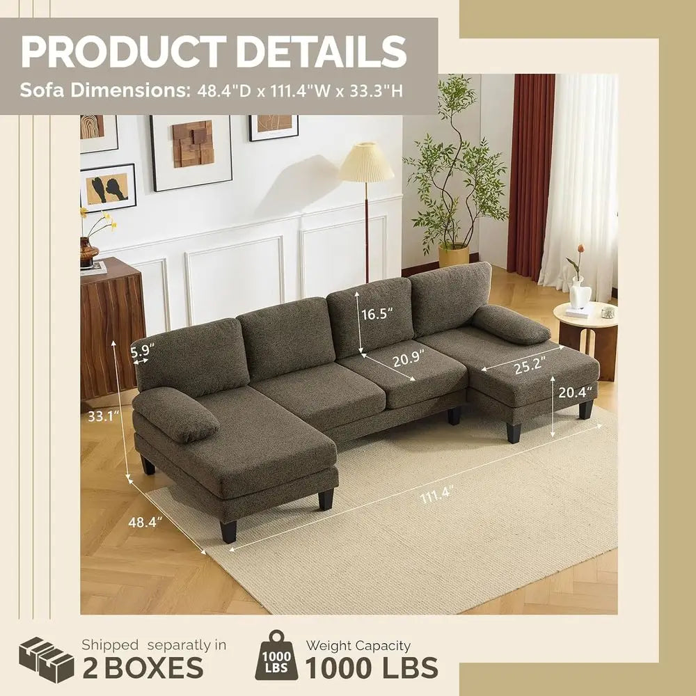 110' U-Shaped Sectional Couch with Two Chaise, Small Sofa with 4 Seats, Chenille fabric Comfy Couches or Living Room