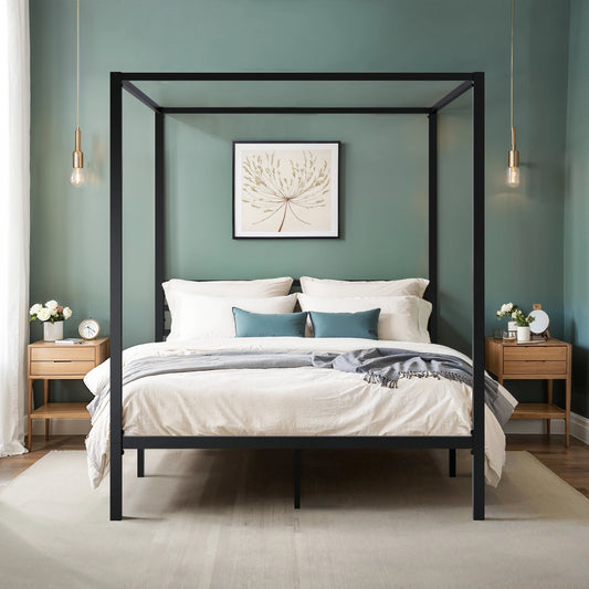 Canopy Bed Frame, Enhanced 4-Poster, 3-Metal Crossbar, No Box Spring Needed, Easy Assembly