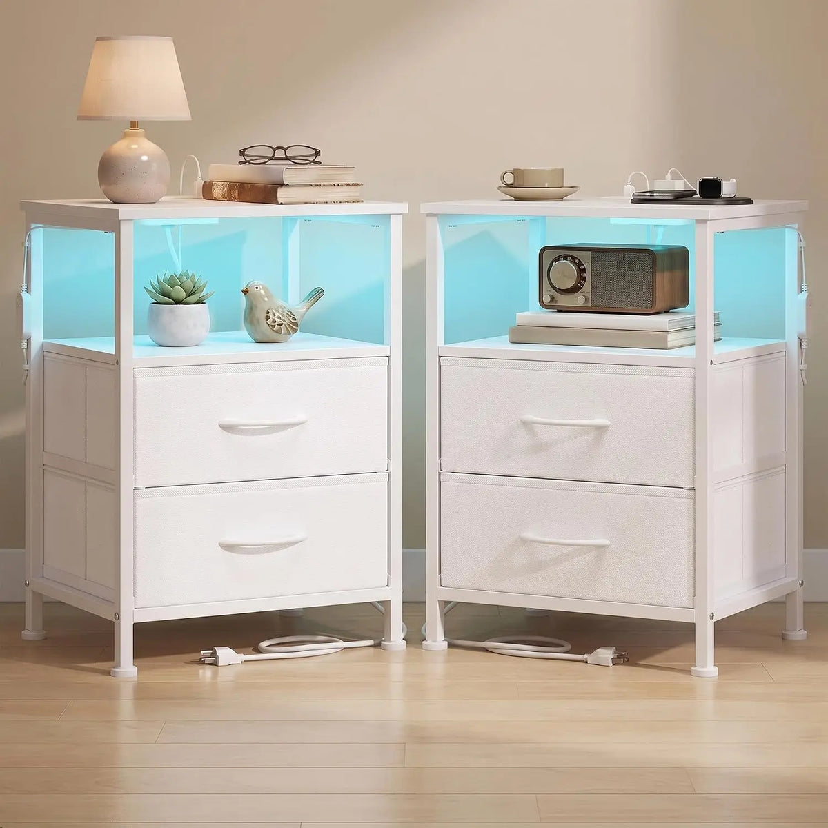 Nightstand Featuring a Built-In Charging Station and Two Fabric Drawers