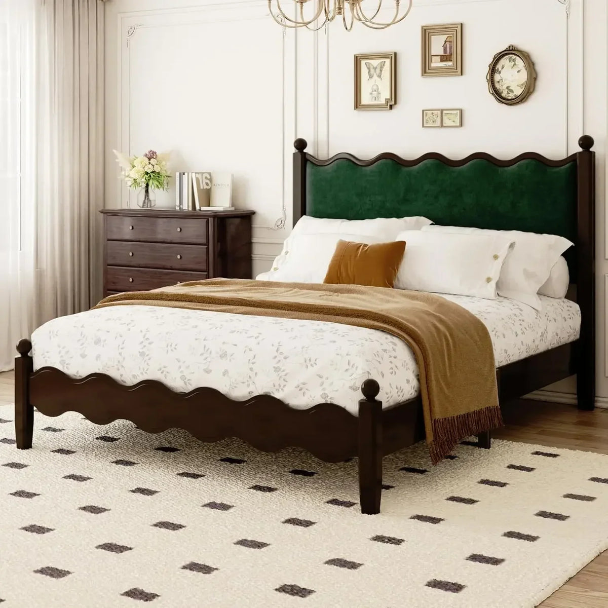 Wood Bed Frame King with Vintage Wave Headboard, 48" Tall Leather Upholstered Bed Frame, Mattress Foundation, No Box Spring Need