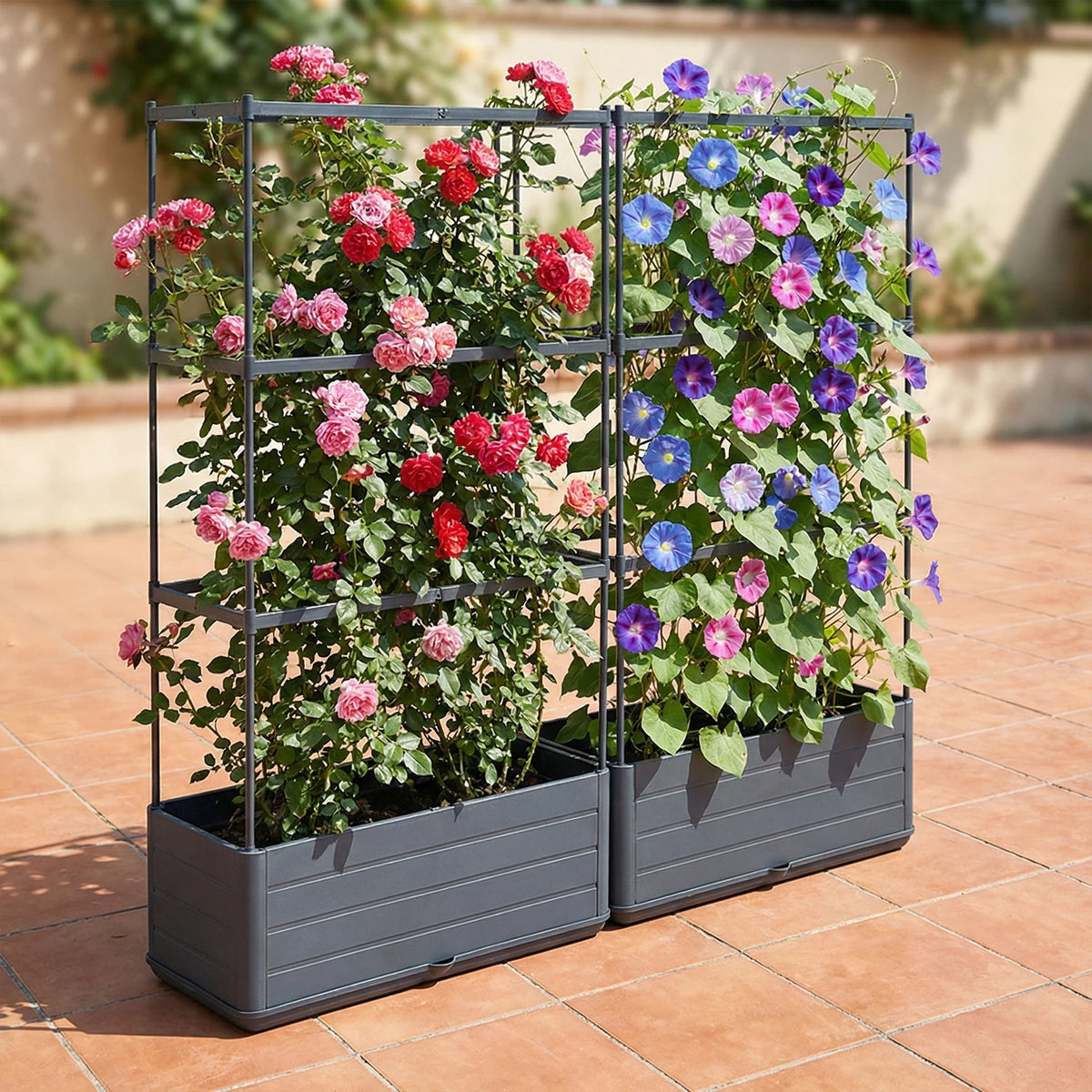 Raised Garden Bed Planter Box with Trellis Self-Watering Plant Support Planter for Climbing Vegetables Plants Outdoor Patio