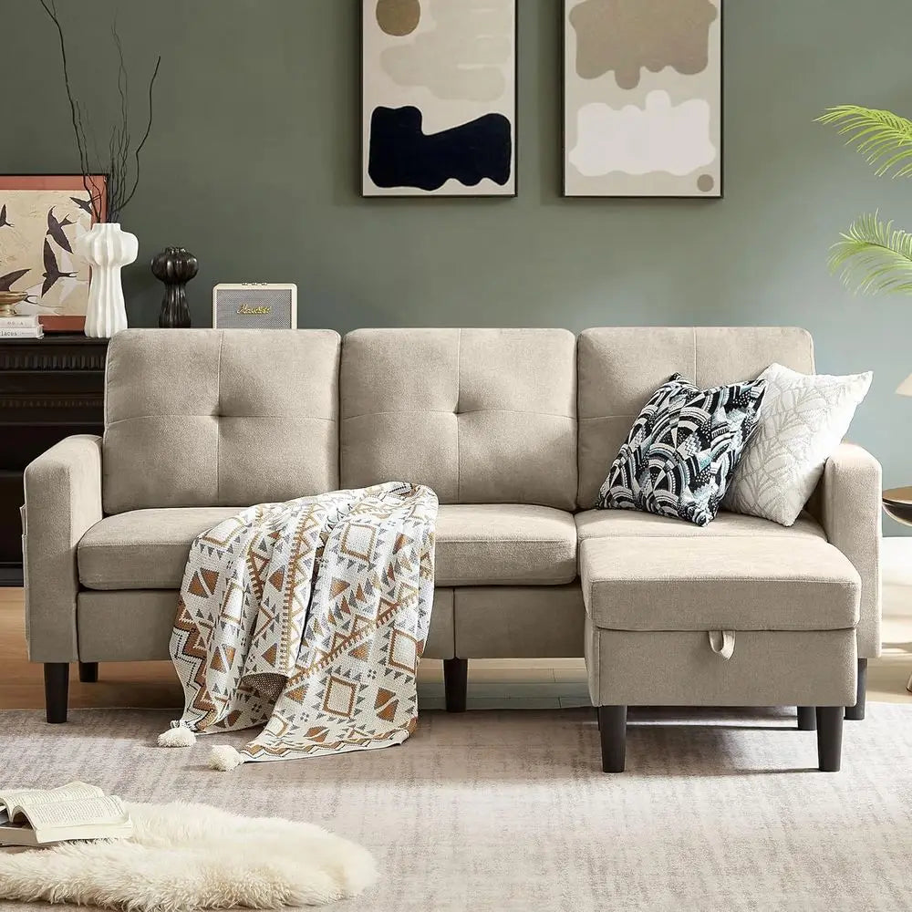 79" Convertible Sectional Sofa, Small L Shaped 3 Seat Couch with Storage Chaise and Side Pocket, Linen Fabric Reversible Sofa