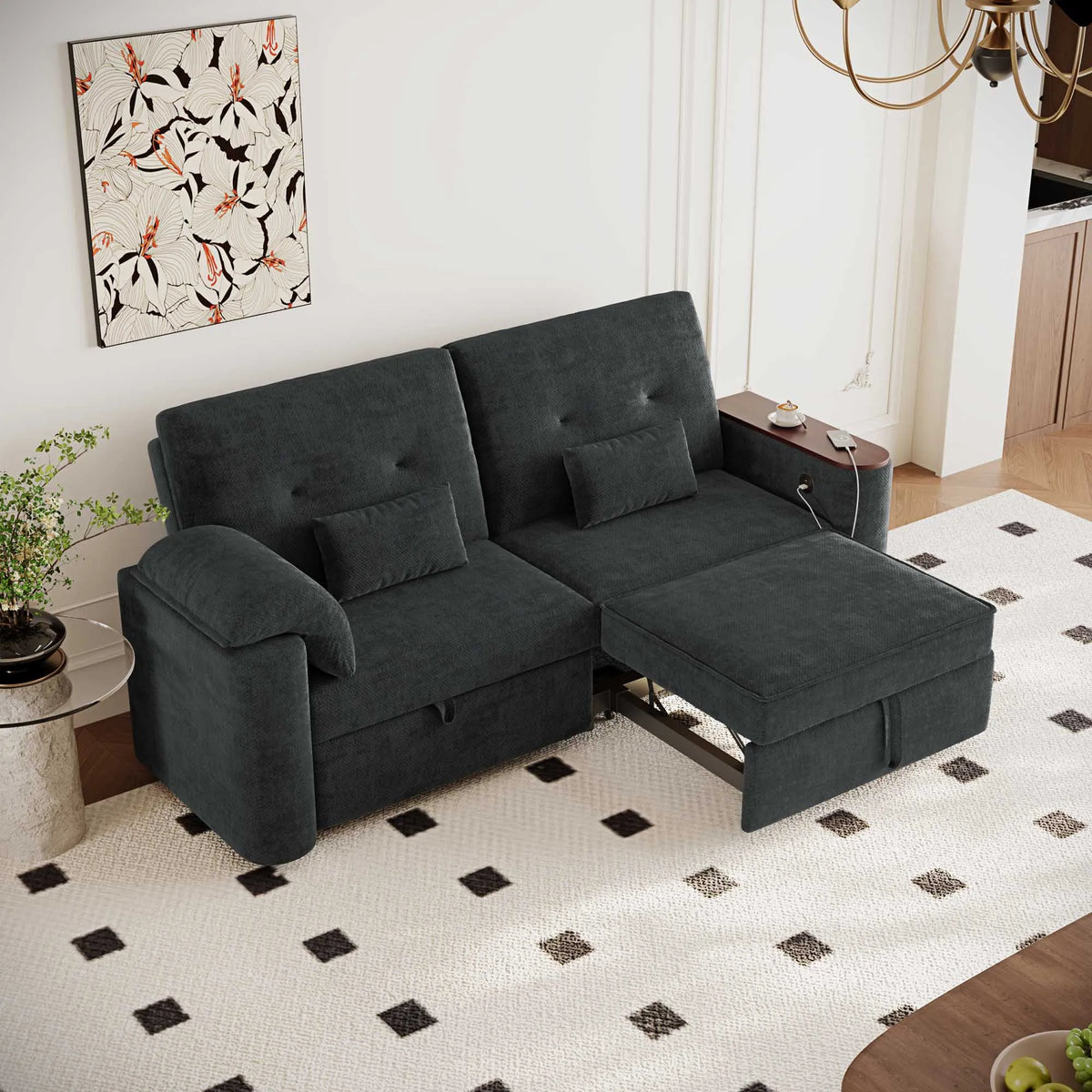 82" 3-in-1 Folding Convertible Sofa Bed with 270° Swivel Side Table, Pullout Sleeper Couch with USB Charging, Modern Chenille Fabric Sofa for Living Room, Khaki