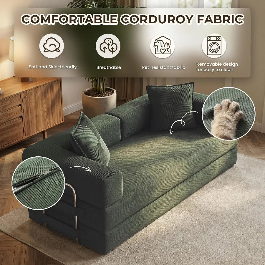 78 Inch 5‑in‑1 Convertible Boneless Futon Sofa Bed, Corduroy Multi‑Functional Sleeper Couch for Living Room Small Space