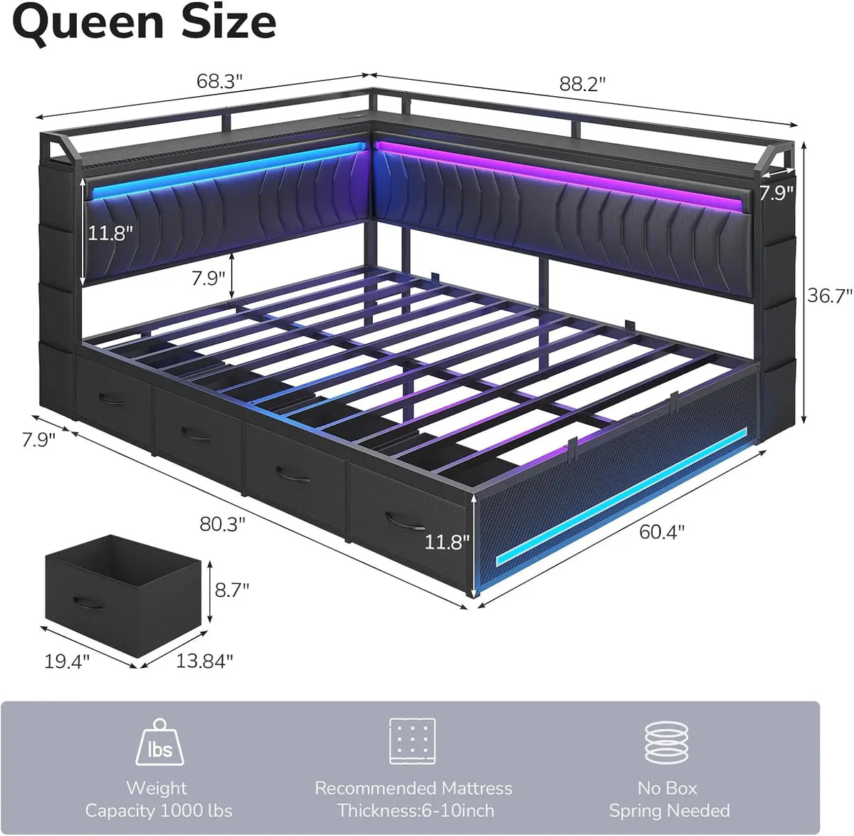 Queen Corner Bed Frame with 4 Storage Drawers,Open Shelves,Charging Station Gaming Bed with LED Lights,Esports-Style Queen