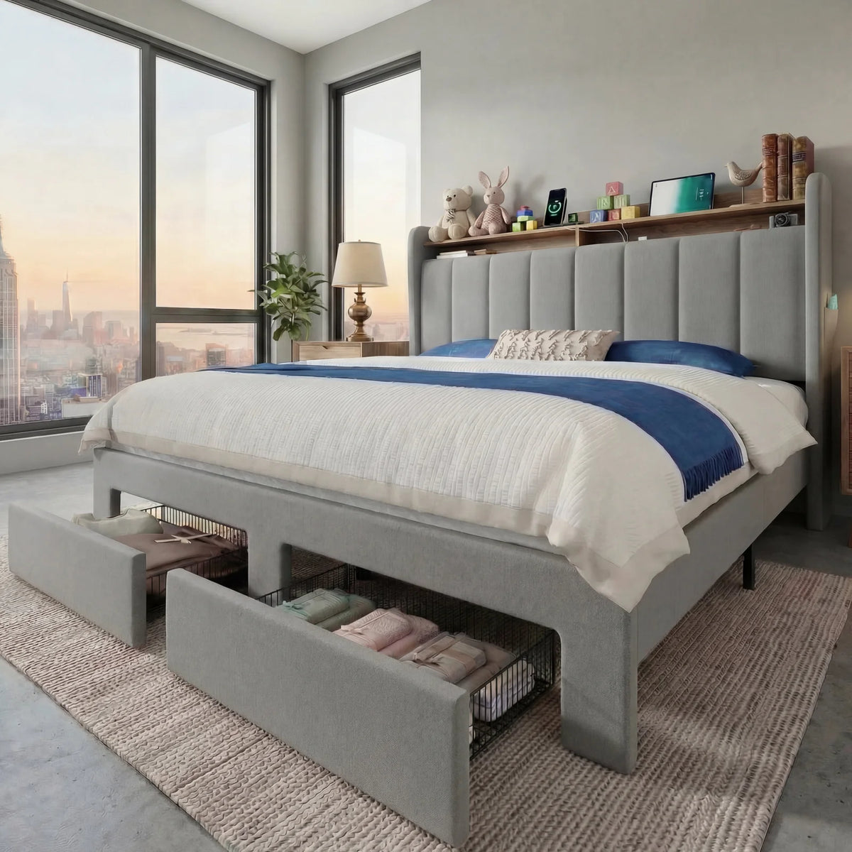 HOOMIC Bed Frame, 2 Storage Drawers/2-Tier Shelves with LED Lights & Charging Station, No Box Spring Needed, Full/Queen/King