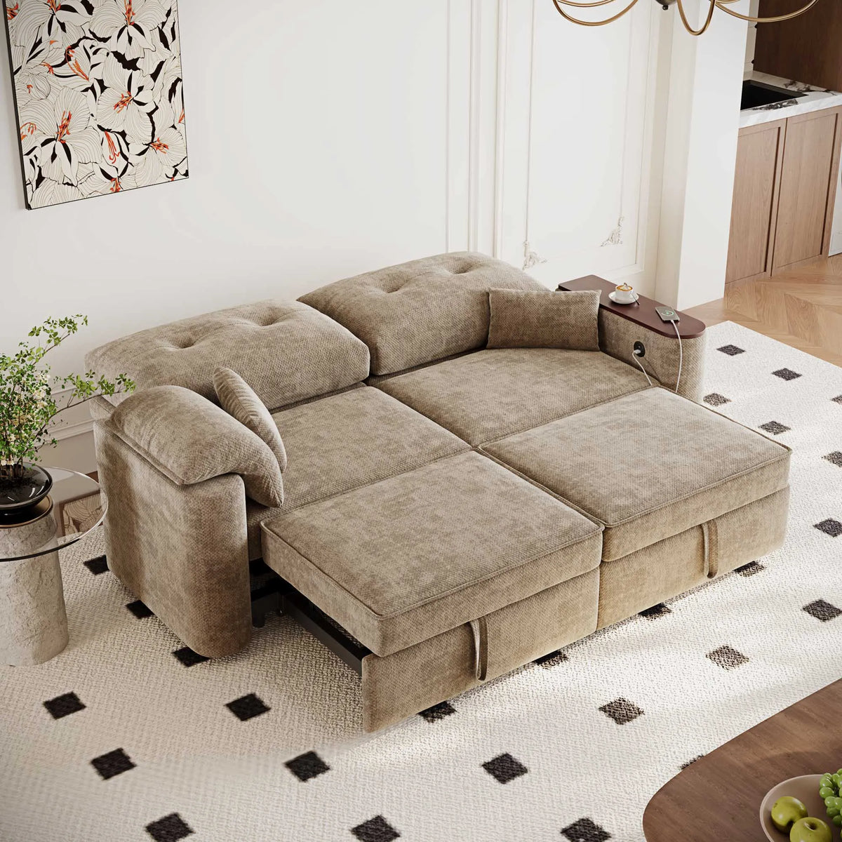 82" 3-in-1 Folding Convertible Sofa Bed with 270° Swivel Side Table, Pullout Sleeper Couch with USB Charging, Modern Chenille Fabric Sofa for Living Room, Khaki